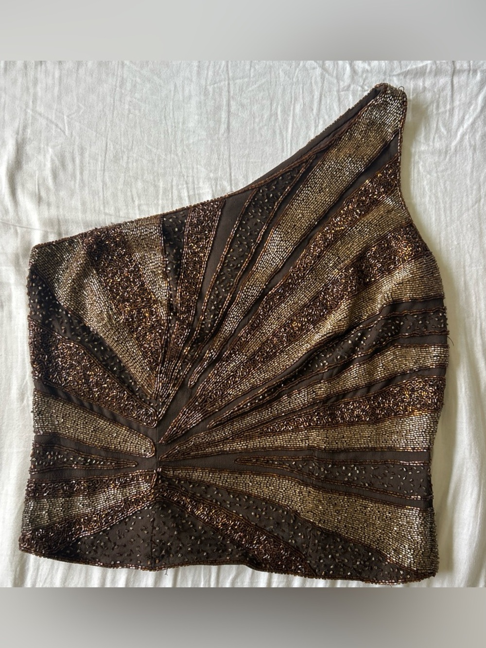 Insane Vintage Caché Beaded One ShoulderTop in Bronze. Shell 100% Pure Silk